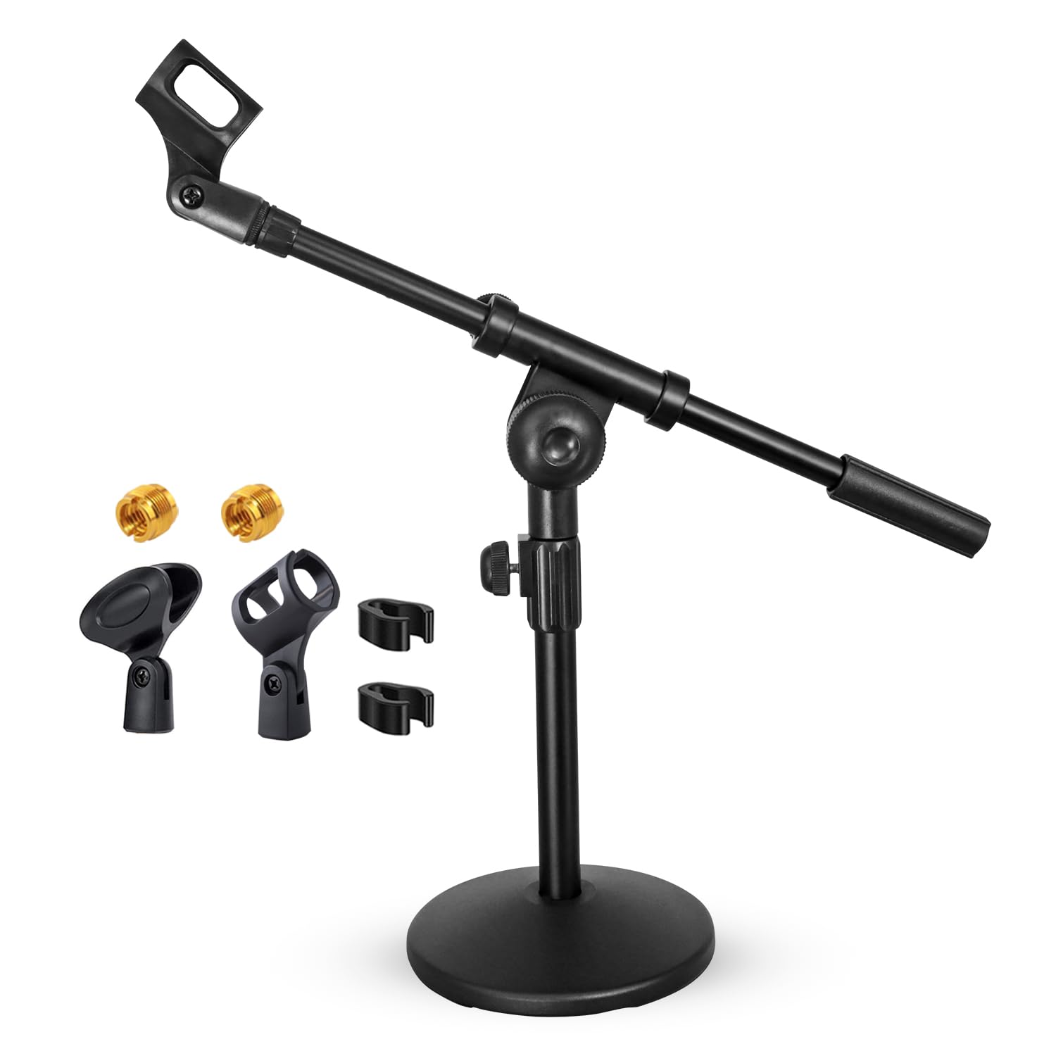 5Core Mic Stand Desk Adjustable Extendable Boom Arm Table Microphone Holder W Round Base Anti Slip Pad + Mic Clip + 3/8 & 5/8