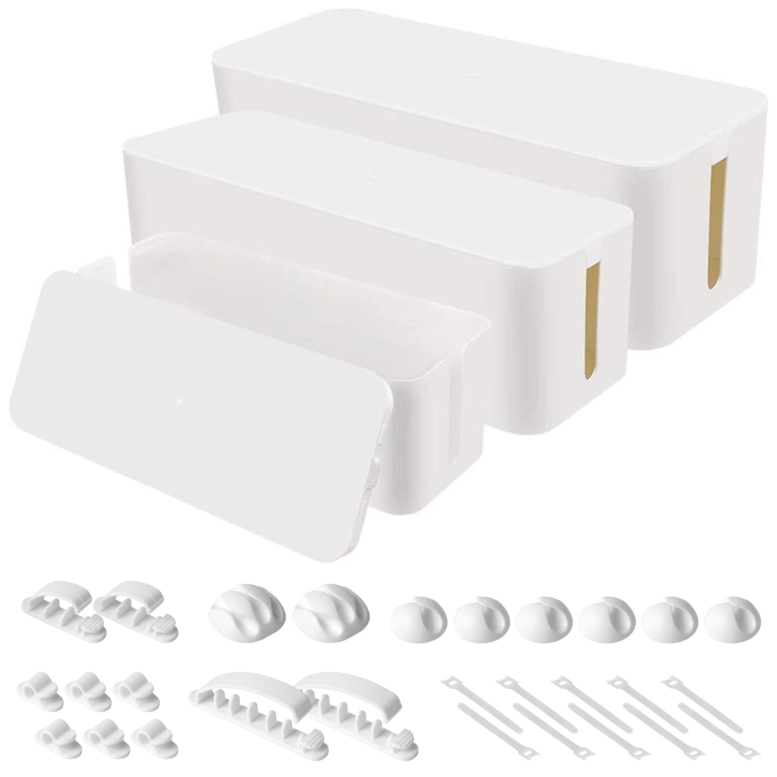 Chouky Cable Organizer Box Set Of Three, Power Cover Cord Holder Surge Protector For Desk (White)