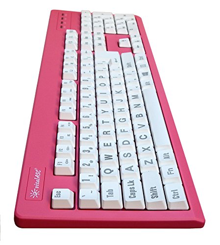 Vitalasc 104 Key Large Print Usb Wired 7Ft, Spill Resistant, Hot Pink And White, Durable Keyboard For Laptop, Mac, Tv, And Compu