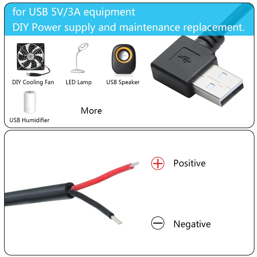 90 Degree Usb 2.0 Male Plug 2 Pin Bare Wire,1M/3Ft Usb A Male 2Pin Pigtail Open End Power Cable,For 5V/3A Usb Equipment Installe