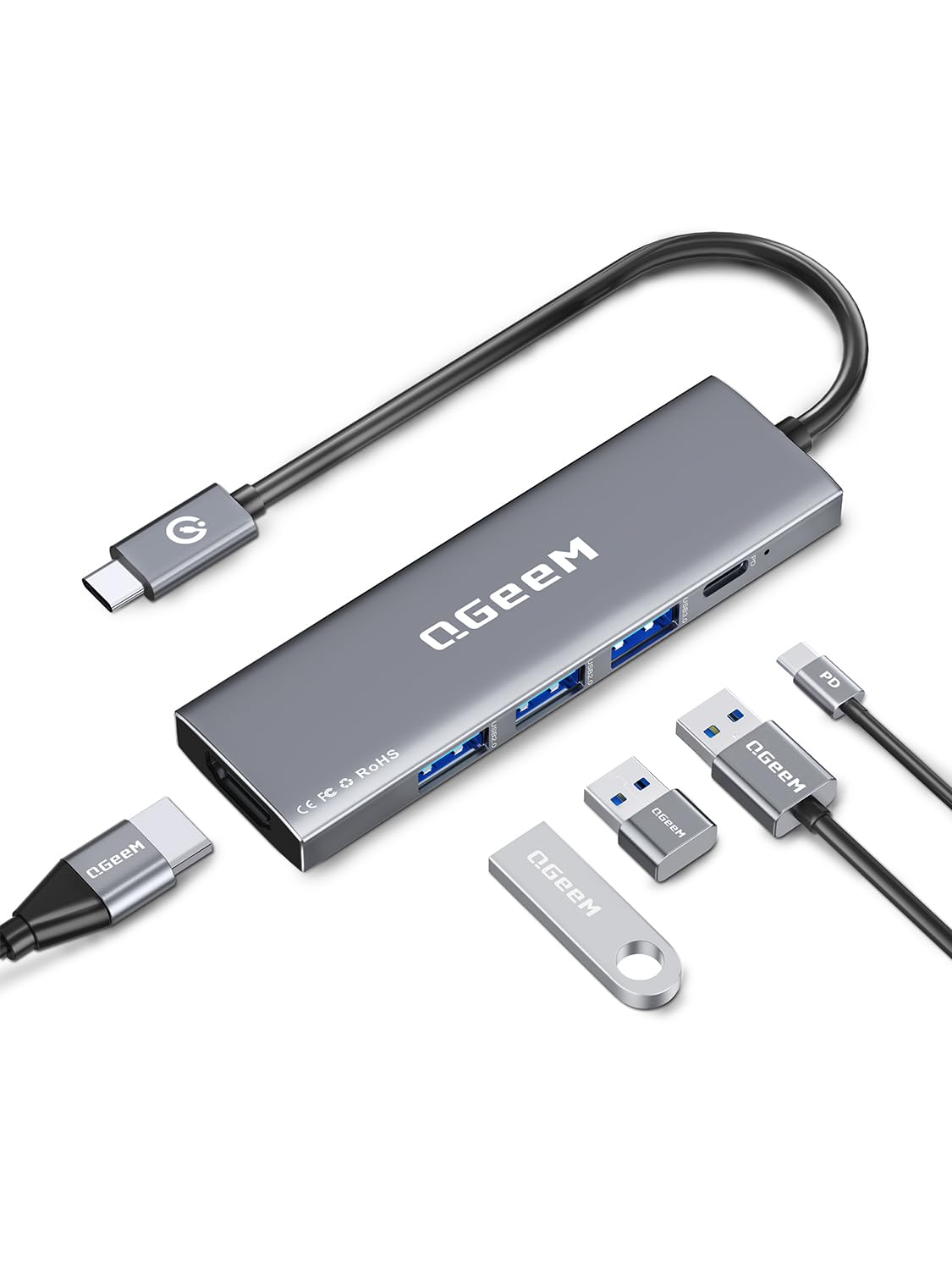 QGeeM USB C Hub 5 in 1 Multi-port Digital AV Adapter 4K HDMI, 100W Power Delivery, 3 USB-A Data Ports, USB C Dongle for MacBook 