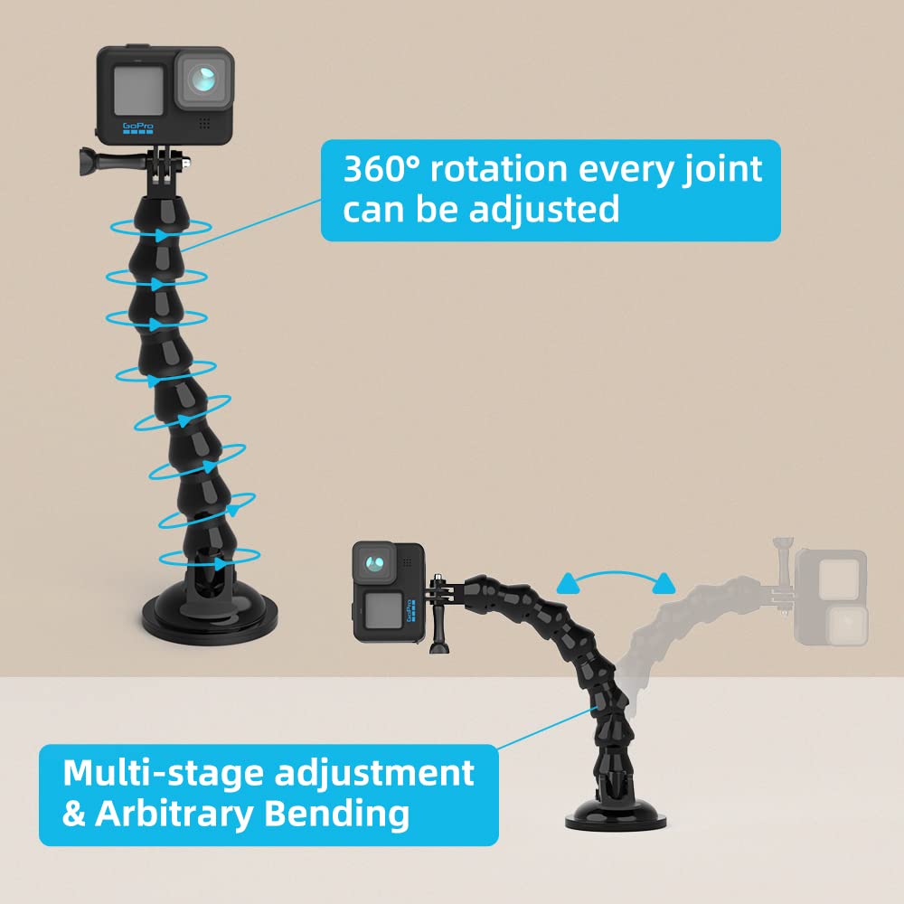 Surewo Flexible Gooseneck Suction Cup Camera Car Mount Compatible With Gopro Hero 13 Black,Hero 12/11/10/9/8/7/6/5 Black,Dji Osmo Action 5 Pro/4/3/2,Insta 360 One R And Most Action Cameras
