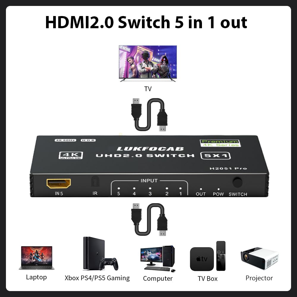 Hdmi 2.0 Switch 5 In 1 Out 4K@60Hz, 5 Port Hdmi Switch Selector With Ir Remote Control, Hdmi Switcher 5X1 Supports 3D Hdr Hdcp2.