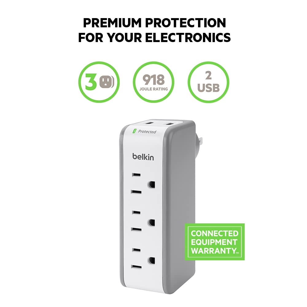Belkin Wall Mount Surge Protector  3 Ac Multi Outlets&2 Usb Ports  Flat Rotating Plug Splitter   Wall Outlet Extender For Home,O