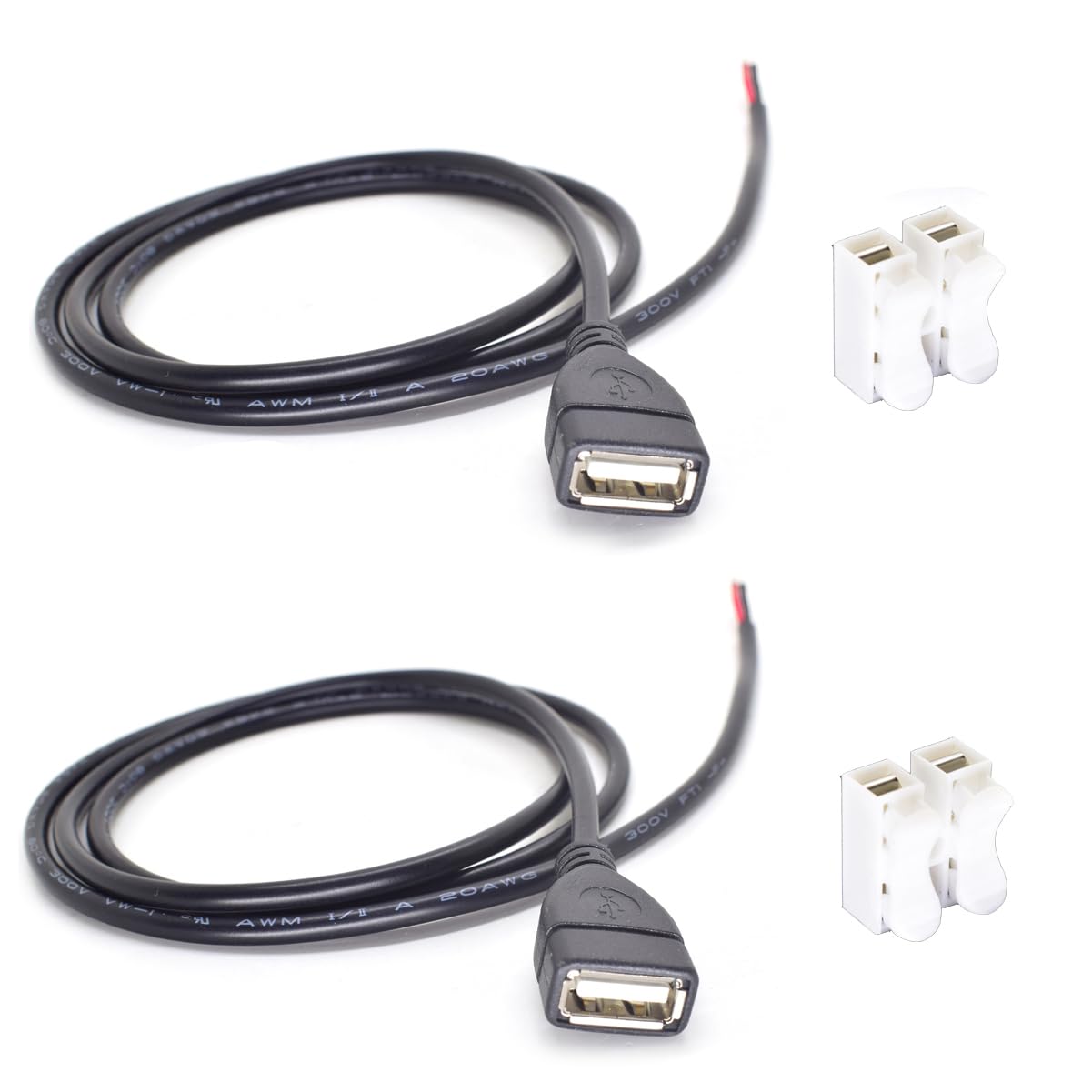 Elnone 2Pcs Usb Pigtail Cable 3.3Ft(1M) Usb 2.0 Female Jack To Open End 2 Wires 20Awg 5V 5A Black Usb Power Cable Diy With 2 Pos