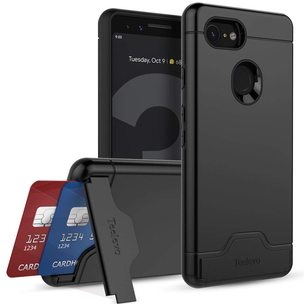 Teelevo Wallet Case For Google Pixel 3, Dual Layer Case With Card Slot Holder And Integrated Kickstand For Google Pixel 3   Blac