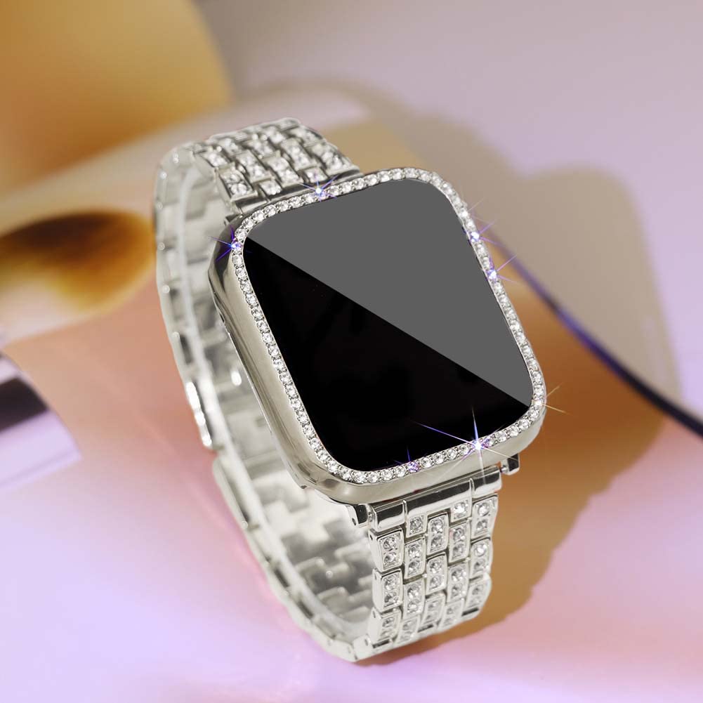 Supoix Compatible With Apple Watch Band 45Mm + Case, Women Jewelry Bling Diamond Rhinestone Replacement Metal Strap &Soft Tpu Pr