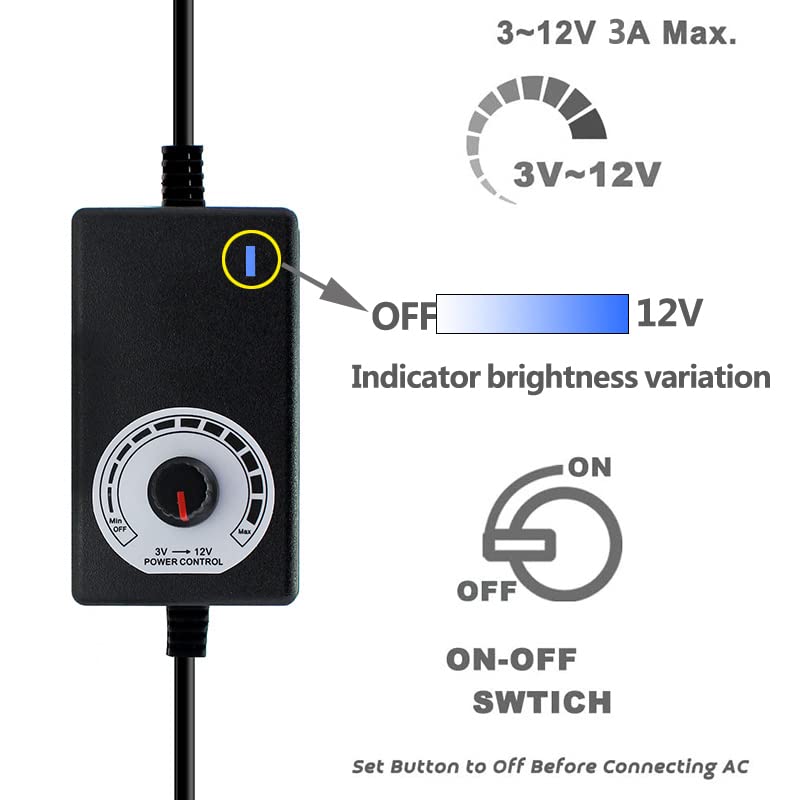 Delinx 36W 12V Pc Fan Power Supply,4 Cooling Fan Speed Controller,100-240Vac To 3-12Vdc Adjustable 3A Power Adapter,With Fan Spl
