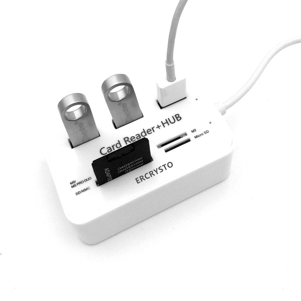 Ercrysto Card Reader And 3 Ports Usb Hub, High Speed External Memory Card Reader (Ms, Micro Sd,Sd/Mmc,M2,Tf Card), White.