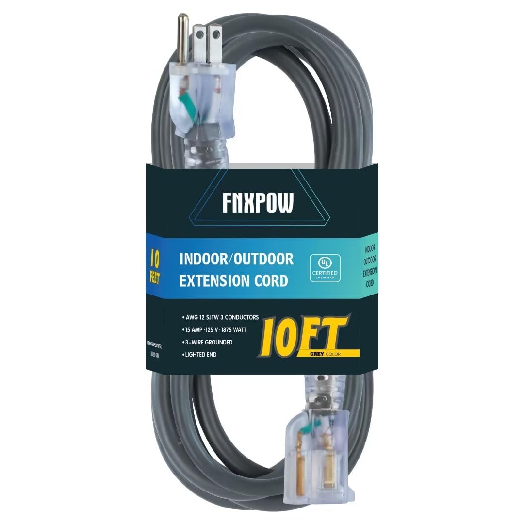 Fnxpow Indoor Outdoor Extension Cord, 12 Gauge 3 Prong Weatherproof Heavy Duty Gray Extension Cord With Lighted Indicator End, S
