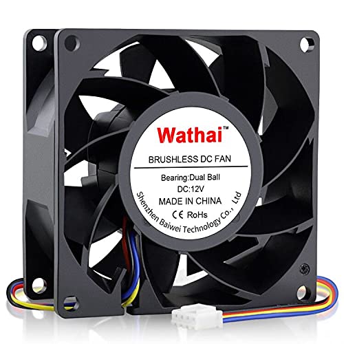 Wathai 80mm x 38mm High Static Pressure Fan 12V 4 Pin Dual Ball PWM 8038 High CFM for PC CPU Cooler GPU Server Computerc Case Co