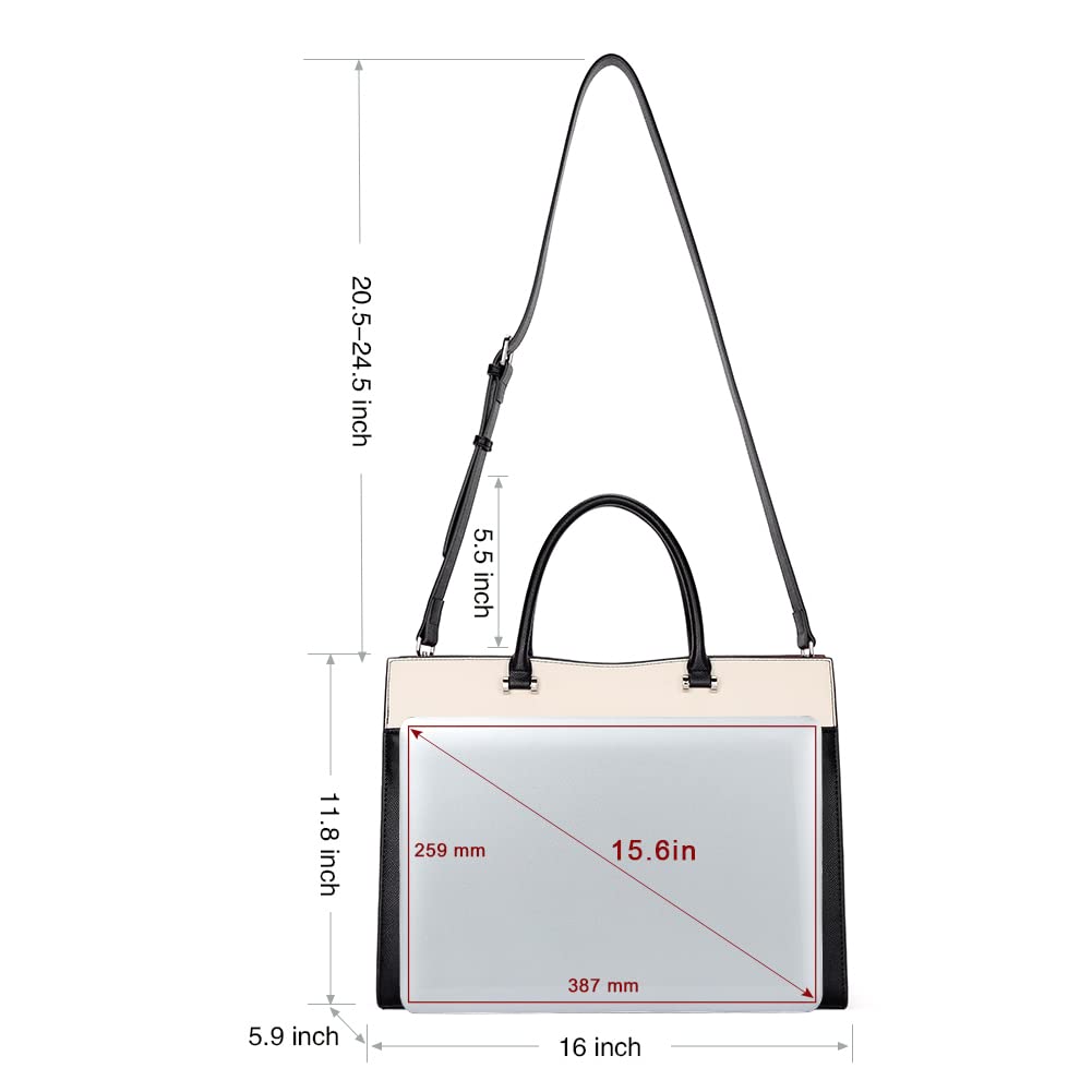 Cluci Leather Women Briefcase Office Laptop Bag Shoulder 15.6Inch Computer Handbag Black With Beige