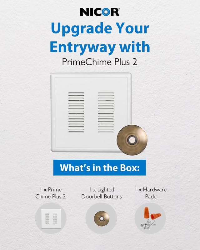 Primechime Plus 2 Electric Doorbell Kit   Doorbells For Home   Includes Selectable Ring Chimes   Stucco Button, Antique Brass
