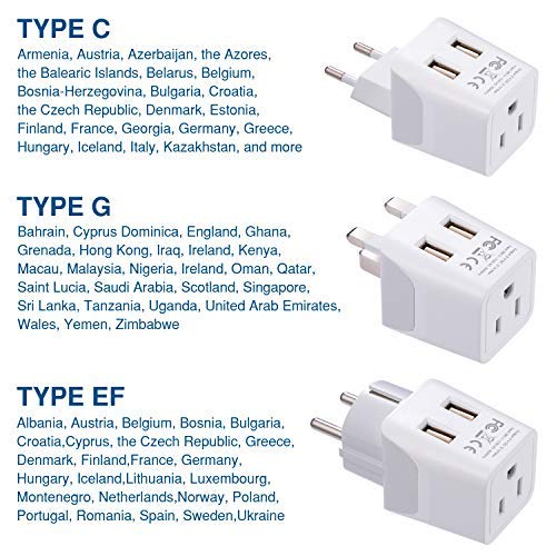 Ceptics Complete European Set Travel Adapter Plug By Ceptics With Dual Usb - Type G, E/F, C - London - Usa Input - Light Weight