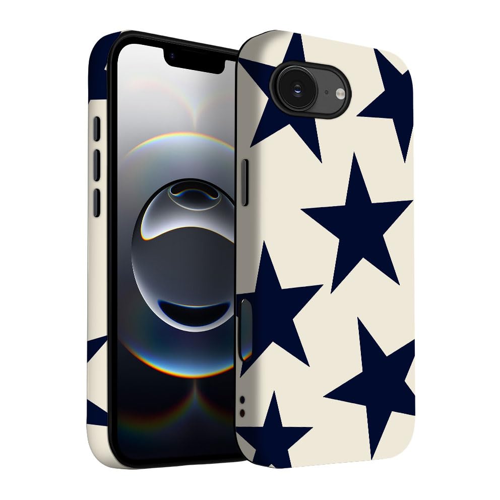 Yuzbira for iPhone 16E Case | Beige Navy Blue Stars | Slim Drop Protection Design