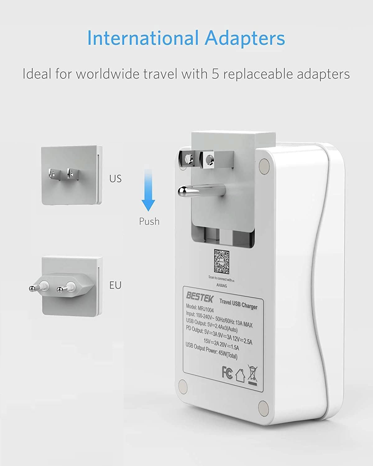 Bestek International Travel Adapter, 3000W Converter Travel Adapter For Hair Dryer, Curling Iron Usb Travel Wall Charger With Worldwide Wall Plugs For Us, Eu(Pd35W,1004, White)