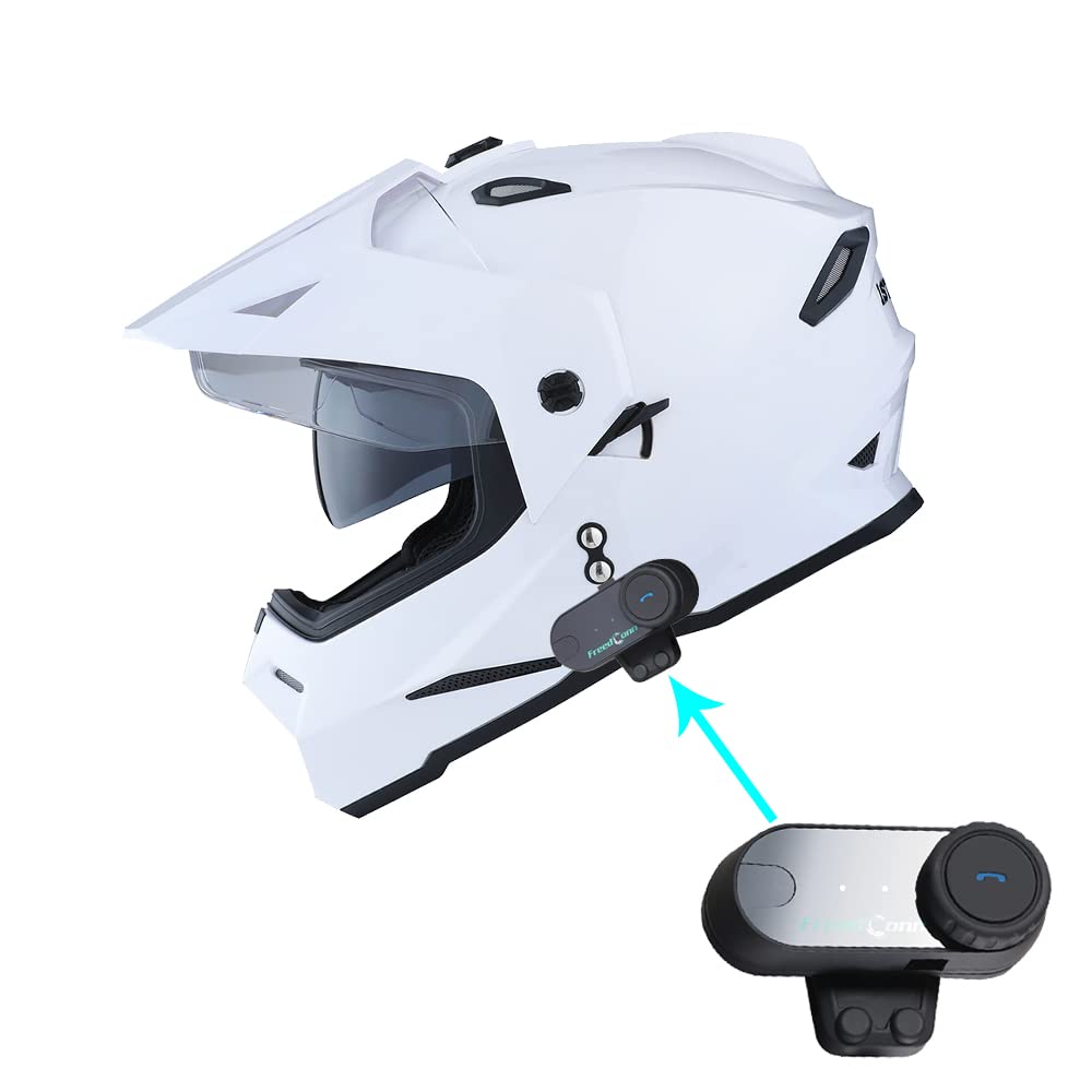 1Storm Dual Sport Motorcycle Motocross Off Road Full Face Helmet Dual Visor Glossy White  Motorcycle Bluetooth Headset