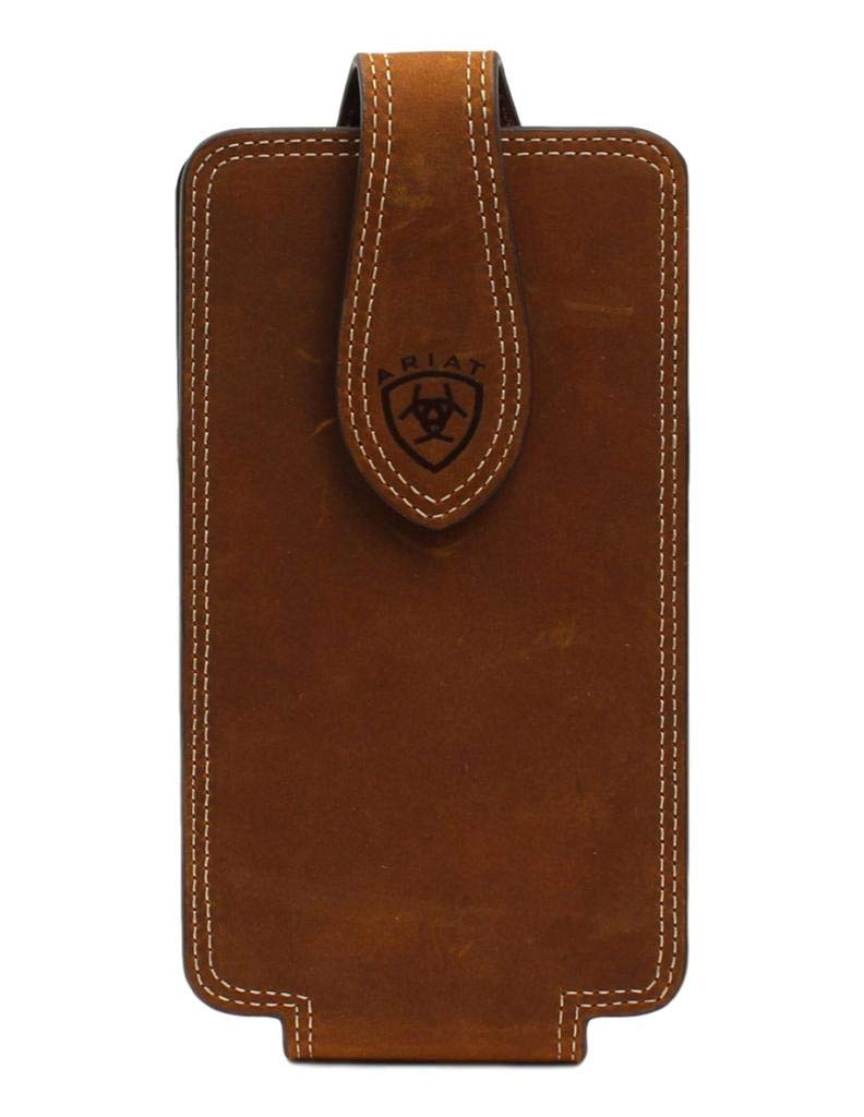 Ariat Brown Leather Cell Phone Case With Double Stitched Edges And Silver Concho   Fits Iphone 15, Galaxy S24, Pixel 8, And More