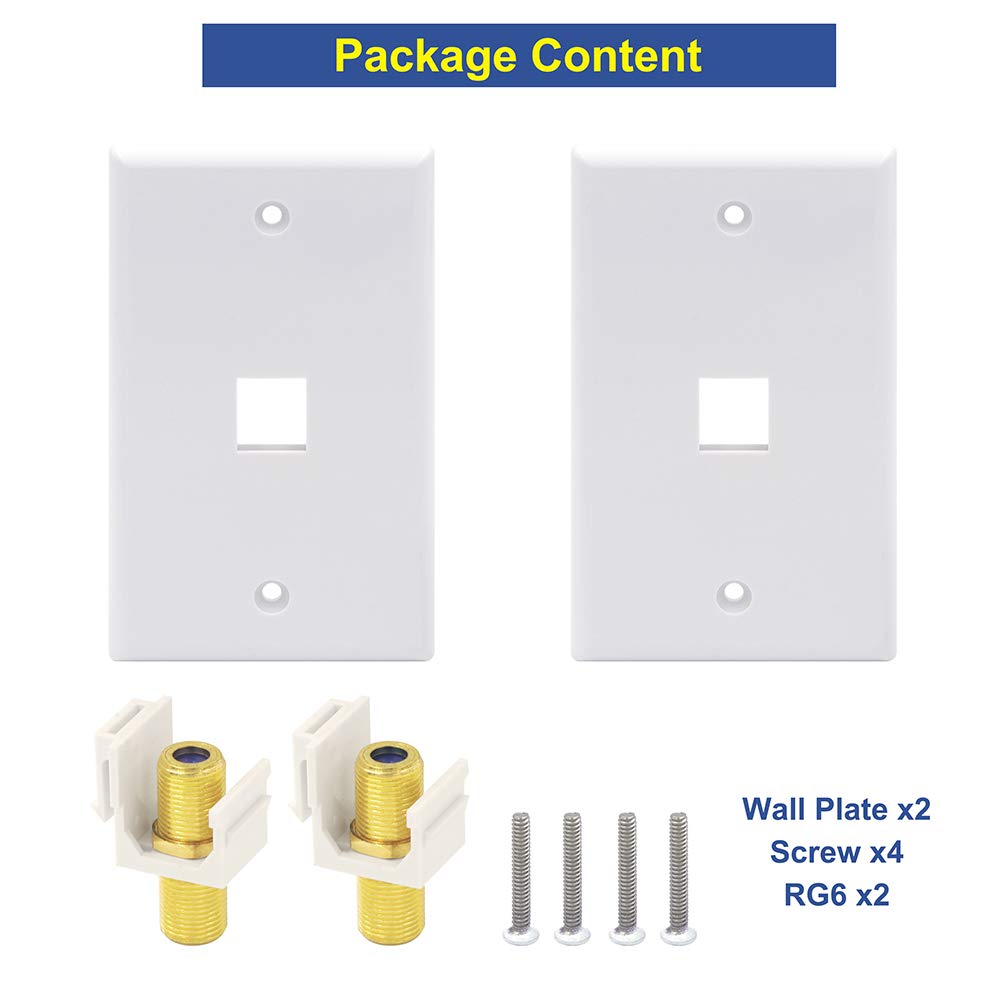 Vce Coax Wall Plate 2 Pack, 1 Port Tv Cable Wall Plate 3Ghz F Type Keystone Wall Jack For Coaxial Cable, Single Gang, White
