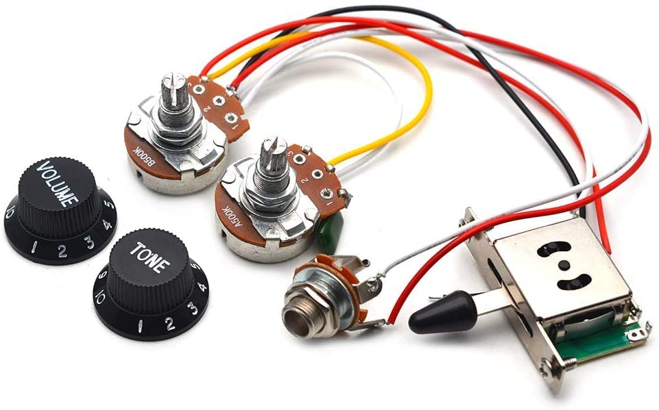 Maxcheer 3 Pickups Wiring Harness Prewired/5 Way Switch/Jack 1T1V Big 500K Pots/With 6.35 Output/Black Knobs For Electric Guitar