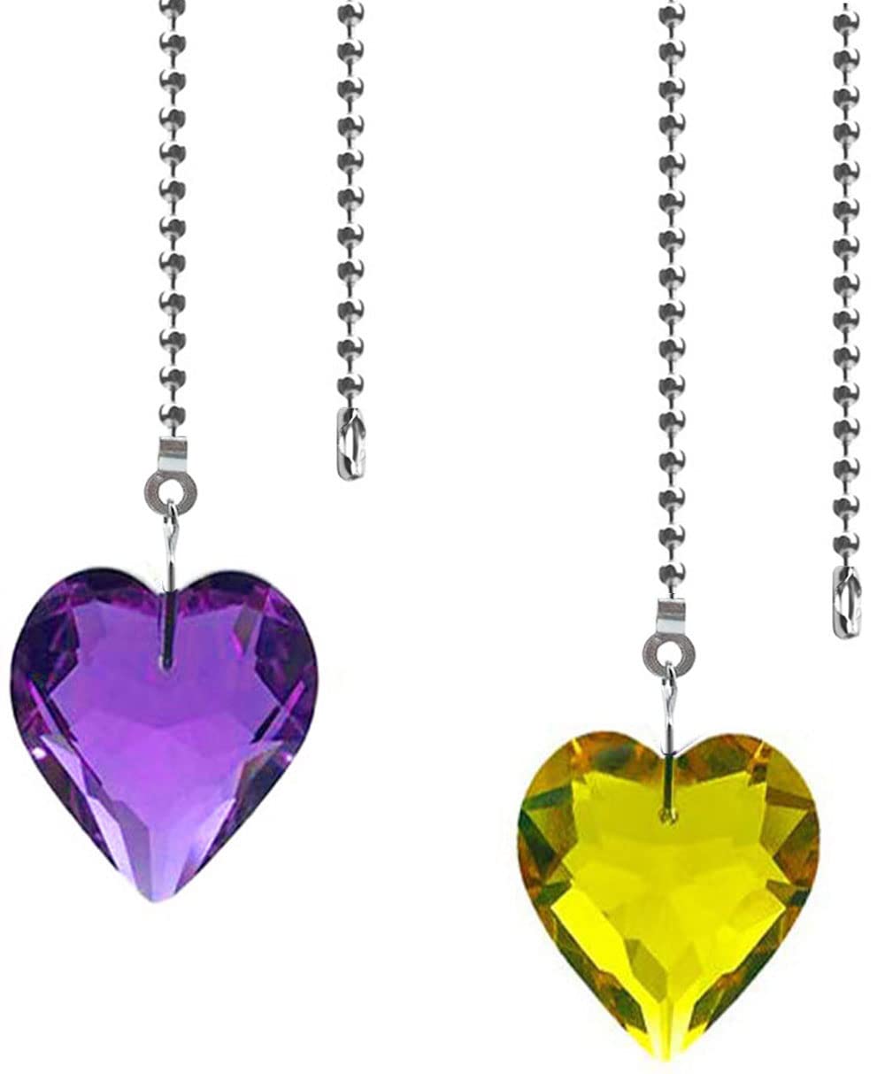 Hyamass 2Pcs Crystal Heart Prisms Pendant Ceiling Fan Pull Chain Extender With Ball Chain Connector (Golden Yellow+Purple)