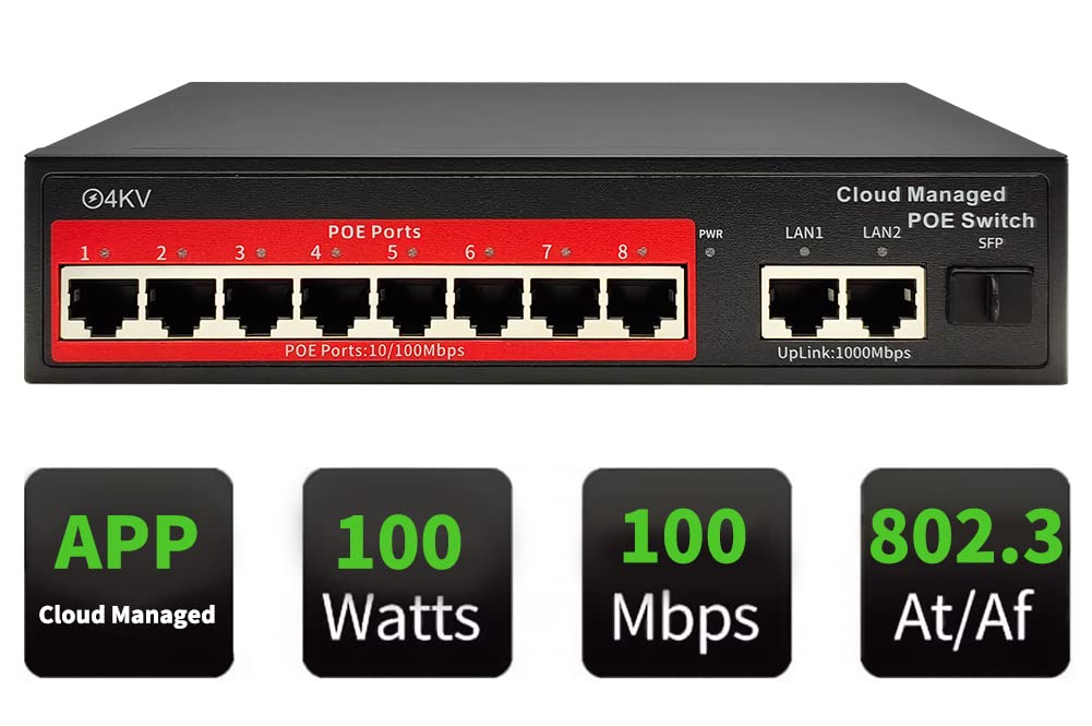 Steamemo 8 Port Managed Poe Switch, Easy Smart Managed, Plug And Play, Support Vlan, Poe Scheduler, Fanless, Sturdy Metal, Deskt