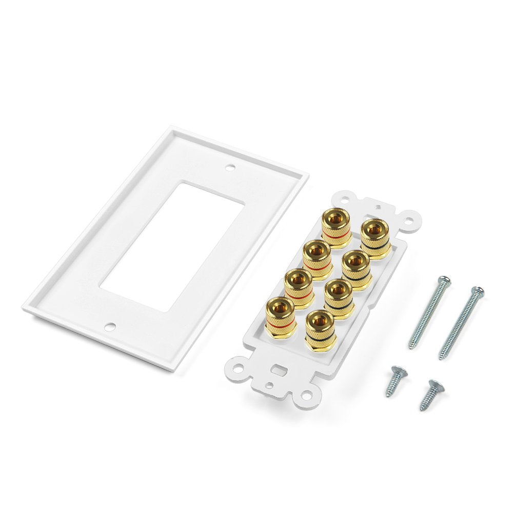 Banana Binding Post Two Piece Coupler Inset Wall Plate For 4 Speakers Standard Single Gang White