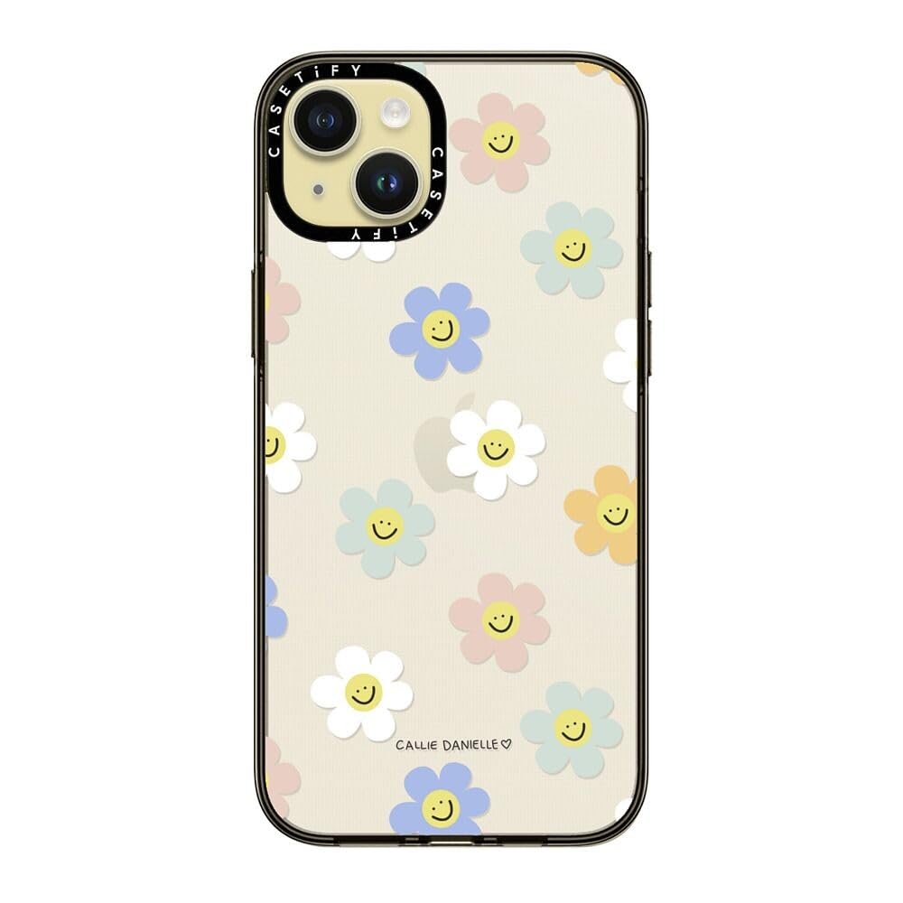 Casetify Compact Case For Iphone 15 Plus [2X Military Grade Drop Tested / 4Ft Drop Protection]   Happy Daisies   Clear Black