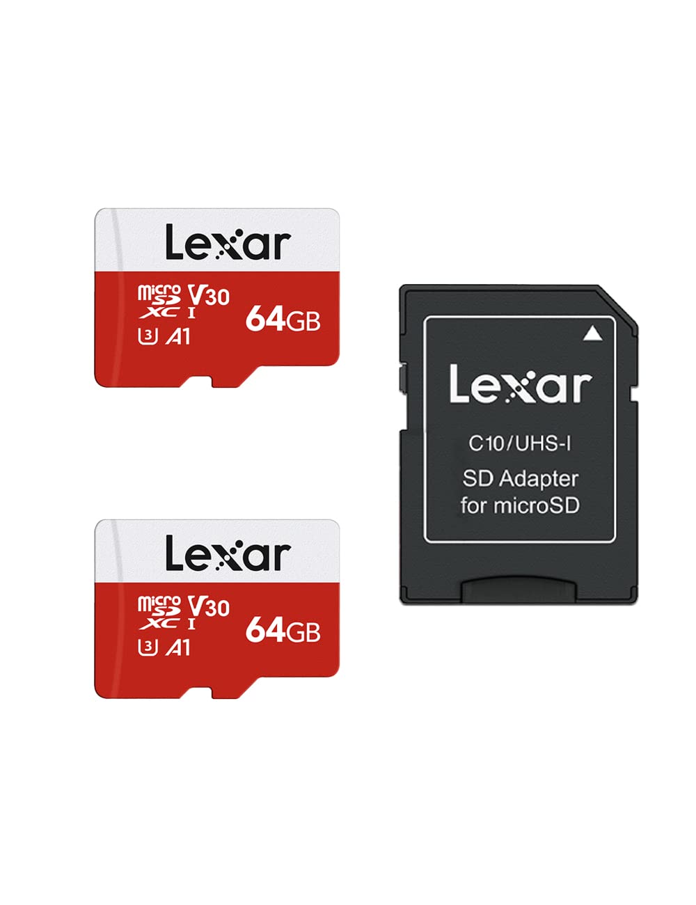 Lexar 64GB Micro SD Card 2 Pack, microSDXC UHS-I Flash Memory Card with Adapter - Up to 100MB/s, U3, Class10, V30, A1, High Speed TF Card (2 microSD Cards + 1 Adapter)