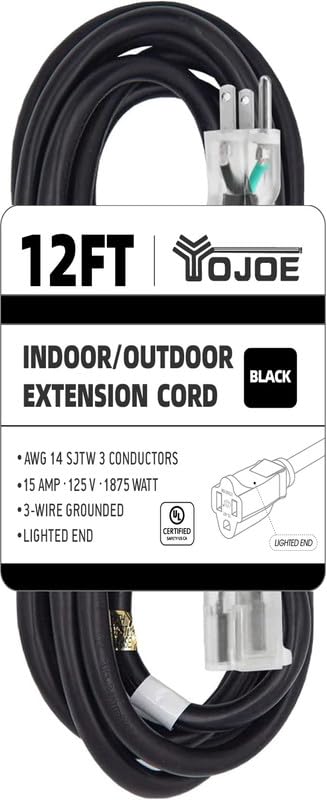 Yojoe Indoor Outdoor Extension Cord With Lighted End, 3 Prong 15A Weatherproof Power Extension Cord, 14 Gauge Heavy Duty 12 Ft B
