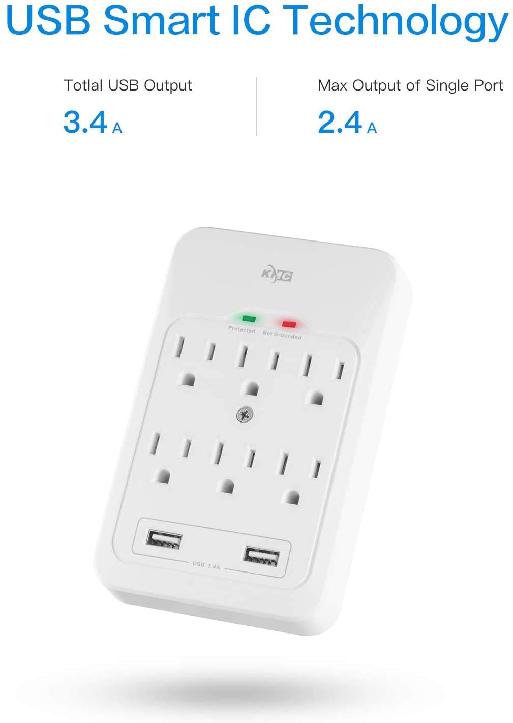 Kmc 6 Outlet Surge Tap, 2 Usb Ports (3.4A), 980 Joules Surge Protector, White (2 Pack)