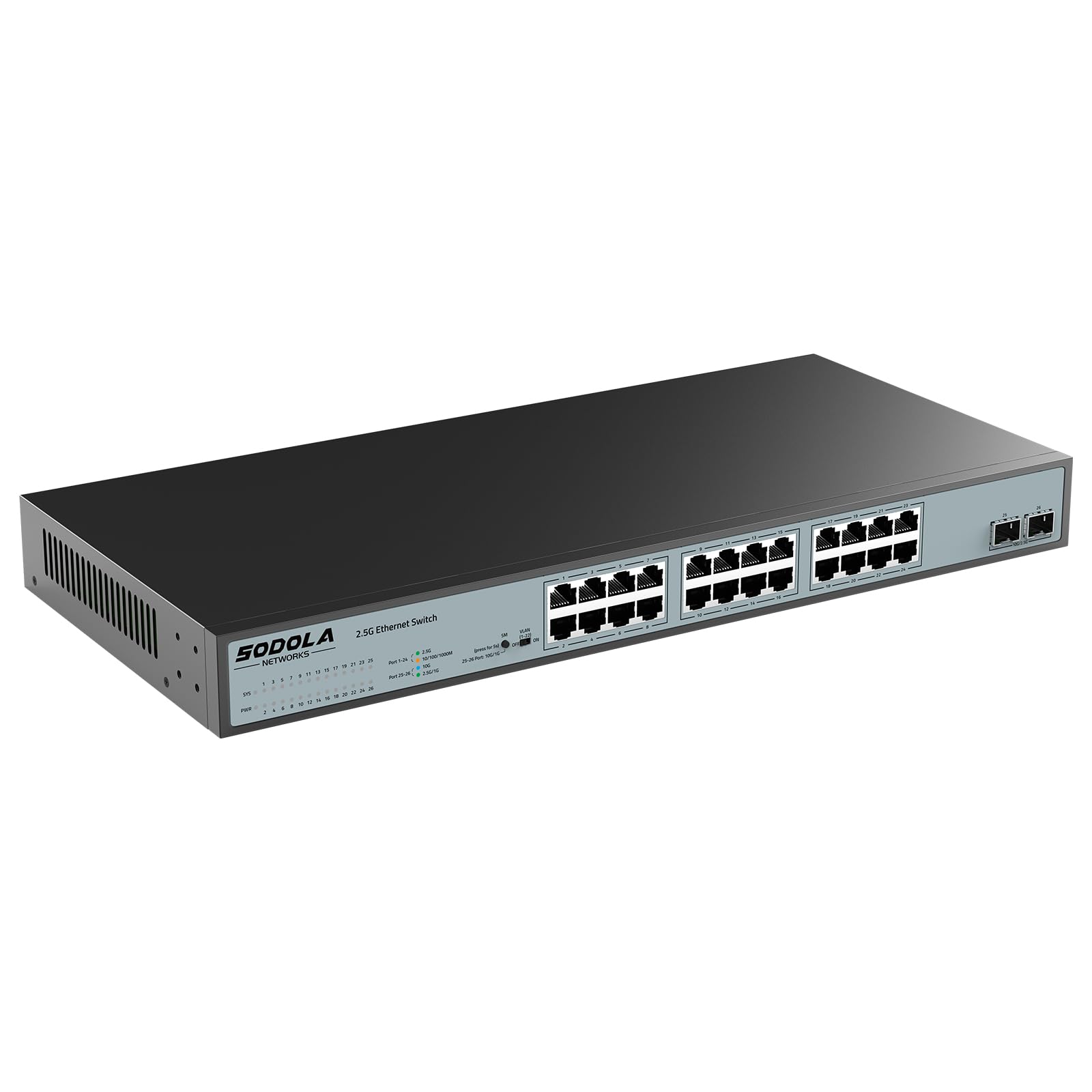 Sodola 24 Port 2.5Gb Umanaged Switch,24X2.5G Base T Ports,2X10G Sfp, 160Gbps Switching Capacity,Port Isolation,/Iu Rack Mount/Fa