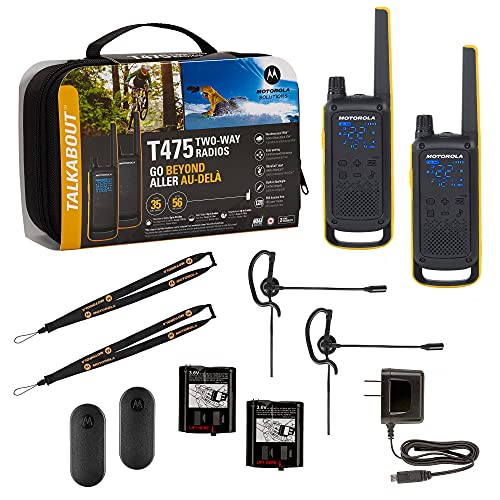 Motorola Solutions, Portable Frs, T475, Talkabout, Two Way Radios, Emergency Preparedness, Rechargeable, 22 Channel, 35 Mile, Black W/Yellow, 2 Pack