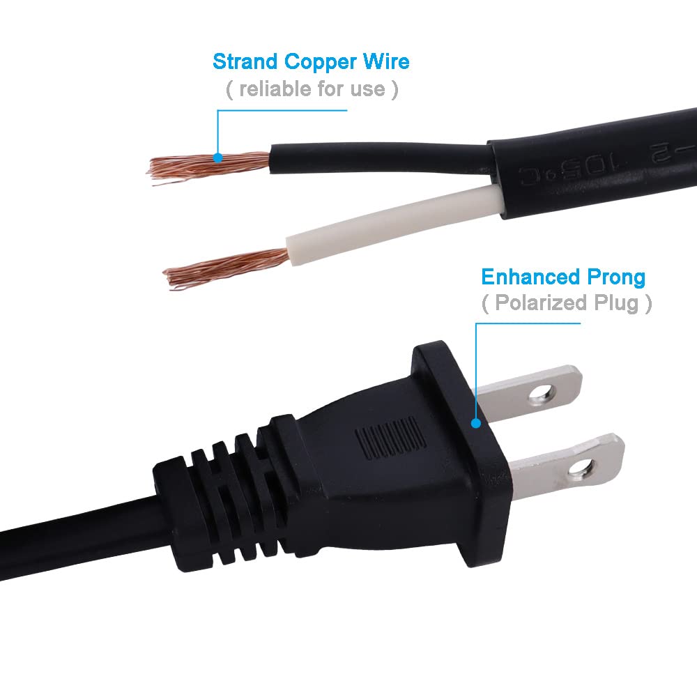 Ac Power Cord Pigtail 2 Prong 18Awg, Replacement Power Cord Cable 120V Ac Wall Plug, 3Ft Polarized Cord Cable Black, Open End Po