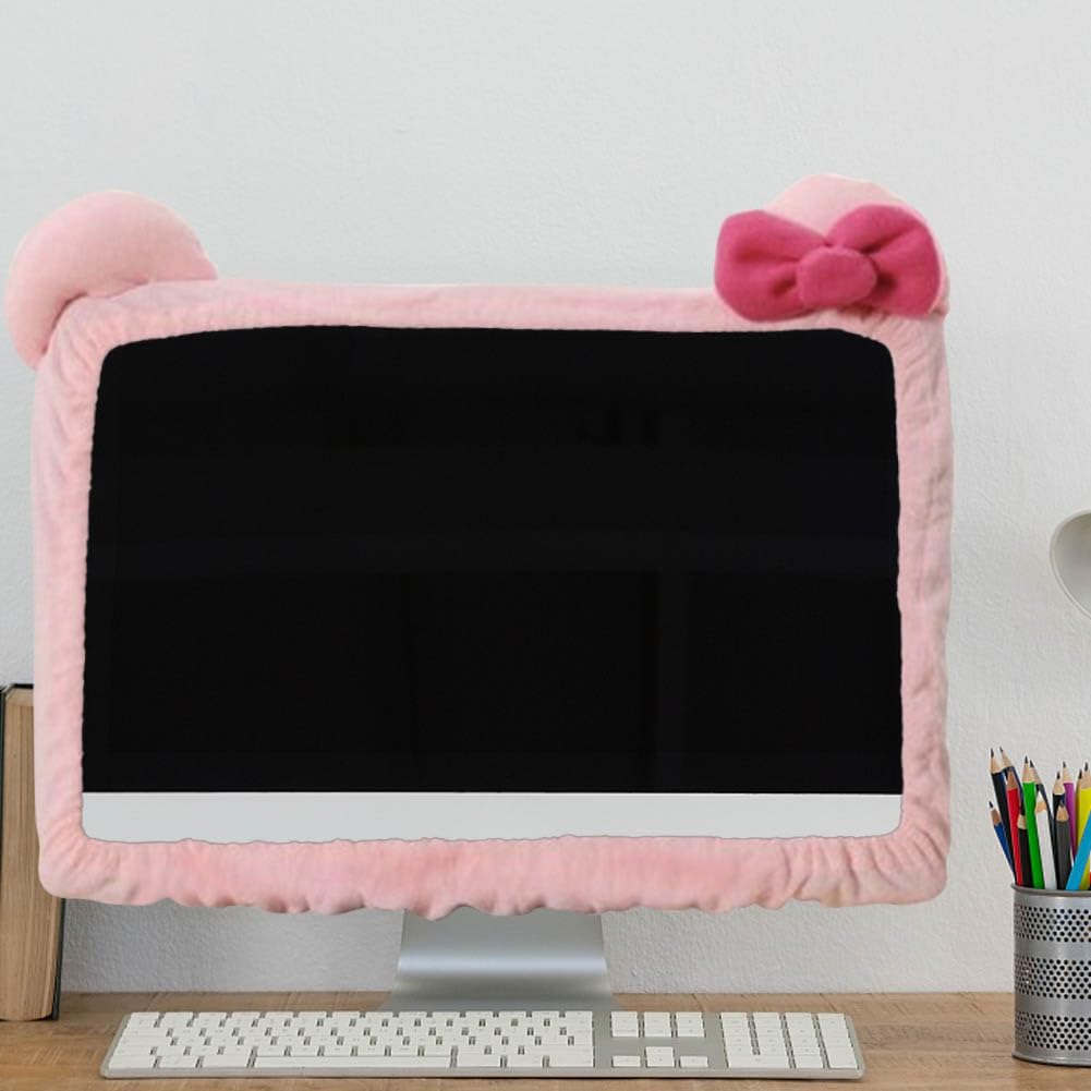 2 Pcs Computer Monitor Cover With Cat Ear Furry Pink Kawaii Elastic Monitor Dust Cover Dustproof Cover For Pc Tv Laptop Lcd Scre