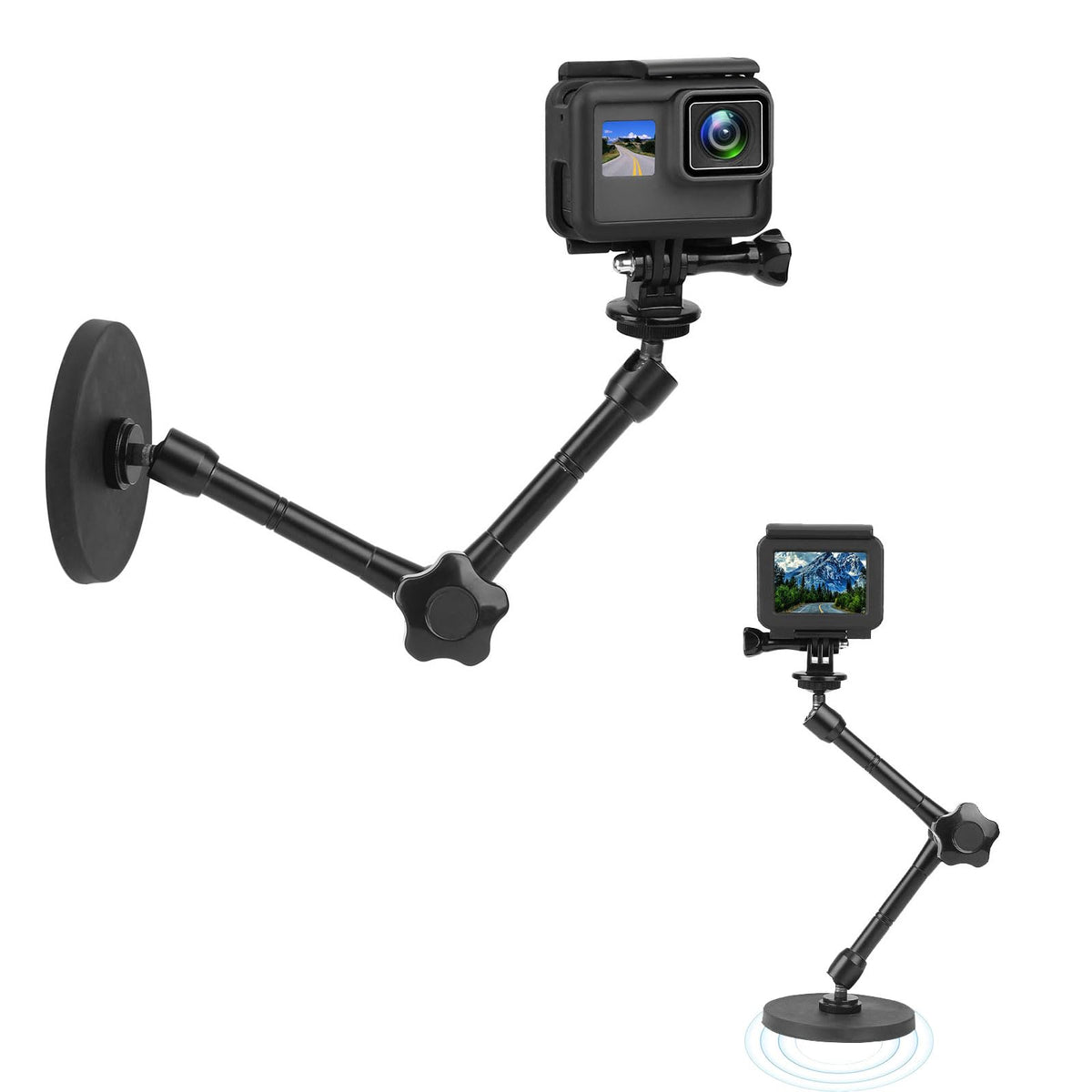 Mippko Magnetic Camera Mount For Gopro Hero/Insta 360 / Dji Osmo/Akaso Action Camera,3.46 Inch Diam Magnetic Rubber Coating Base,10 Inch Length Adjustable Aluminum Alloy Arm