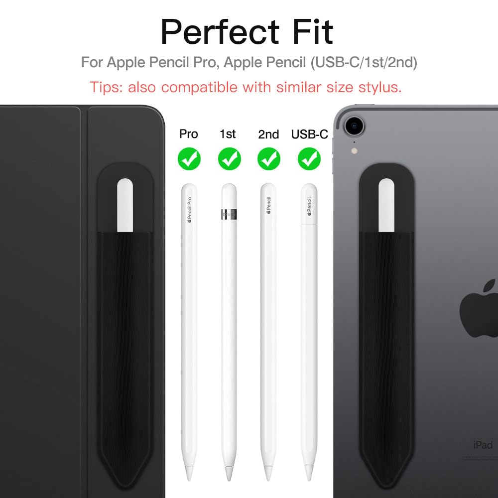 MoKo Pencil Holder Sticker Fit Apple Pencil Pro, Apple Pencil (USB C), Apple Pencil 1st/2nd Generation, Elastic Pencil Pocket Pouch Adhesive Sleeve Attached to iPad Case for Stylus Pens,Black