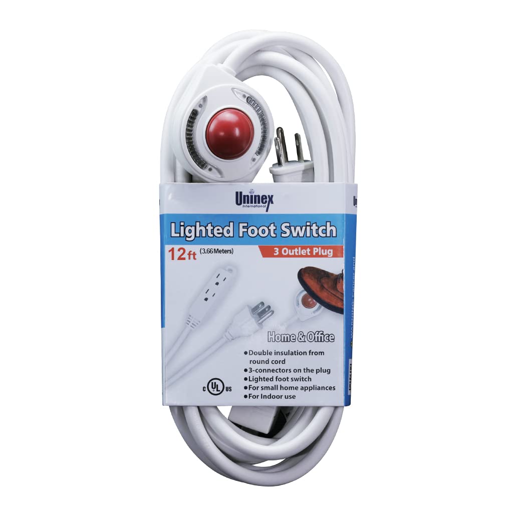 Uninex Ps54 Lighted Foot Switch Extension Cord With Grounded 3 Outlet, 16/3 Awg Flexible Round Cable, Ul Listed, White, 12 Foot