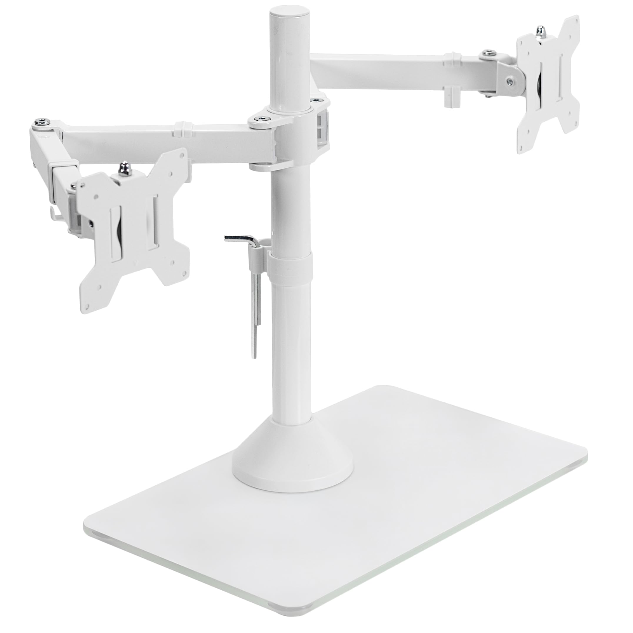 VIVO Freestanding Dual Monitor Stand with Sleek Glass Base and Adjustable Arms, Mounts 2 Screens up to 32 inch and 22 lbs Each, White, STAND V002FGW