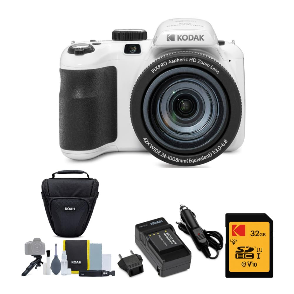 Kodak PIXPRO Astro Zoom AZ425 20MP Digital Camera (White) Bundle with 32GB SD Card, Rechargeable Battery and Charger Kit, Camera