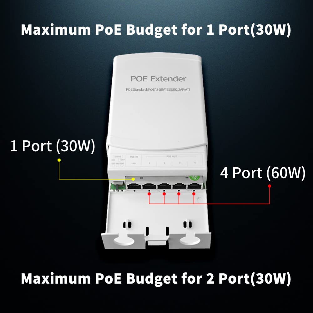 Poe Extender, 1 In 4 Out Poe+ Repeater, 10/100Mbps, Extends 250M, 60W Comply With Ieee802.3Af/At For Poe Switch/Injector And Sec