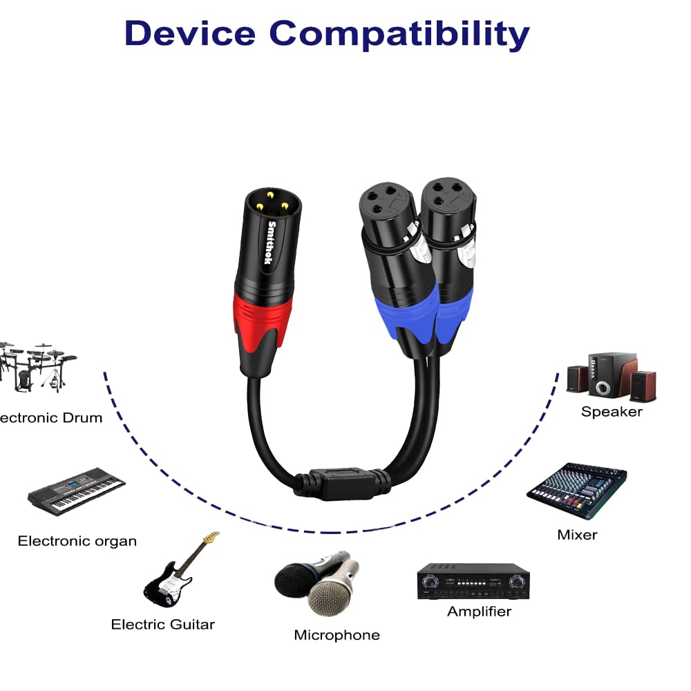 Smithok 1 Male To 2 Female Xlr Y Splitter Micrphone Cable, 3 Pin Xlr 2 Female To 1 Xlr Male, Combiner Y Cord Balanced Mic Audio