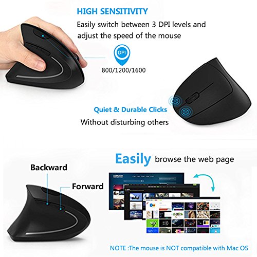 Lekvey Left Handed Mouse, Wireless 2.4G Usb Lefty Left Hand Ergonomic Vertical Mouse, Less Noise   Black