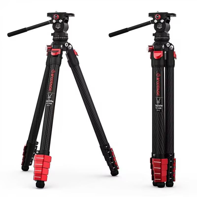 Ifootage Carbon Fiber Tripod Kit, 54.9'' Lightweight Compact Camera Tripod With Fluid Head, Portable Travel Photography Tripod K