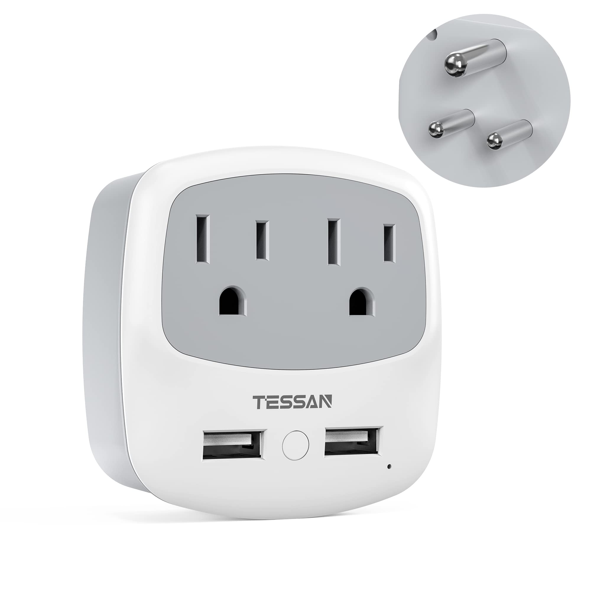 Tessan Us To India Plug Adapter, Type D Travel Adaptor With 2 Usb Charger Ports 2 American Outlets, Usa To Indian Power Converte