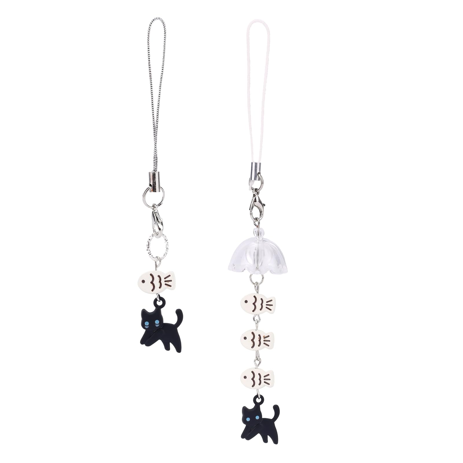 Goktvai 2pcs Black Cat Phone Charms, Kawaii Cat Fish Phone Lanyard Straps Hanging Y2K Kitty Pendant Ornaments Decor Bag Charm Ac