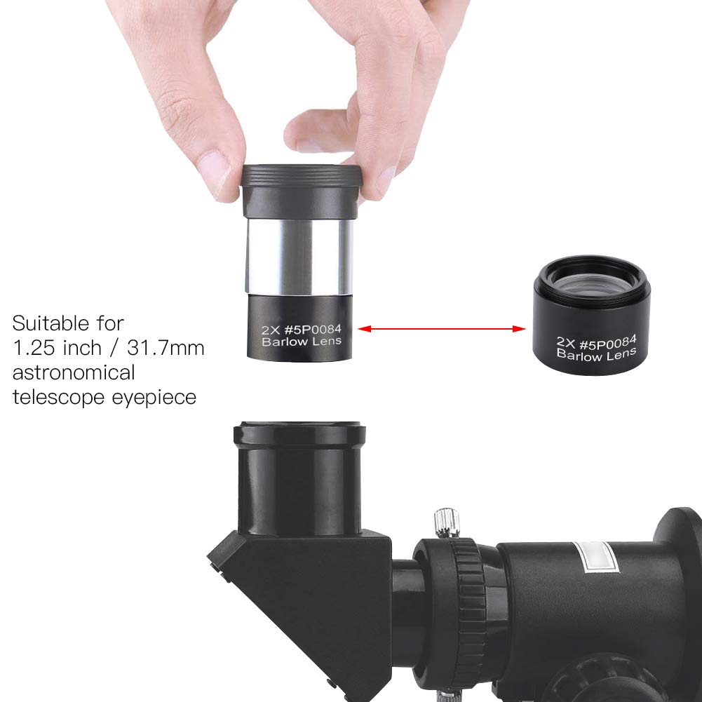 Bewinner 2X Magnification Barlow Lens, Fully Multi Coated Glass Lens High Light Transmission M28.6 Thread Metal Barlow Lens For