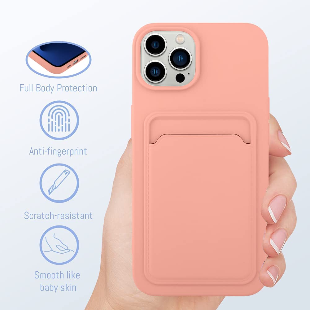 Mzelq Cell Phone Case For Iphone 14 Pro Max, Silicone Wallet Card Holder, Camera Protection, Screen Protector, Pink