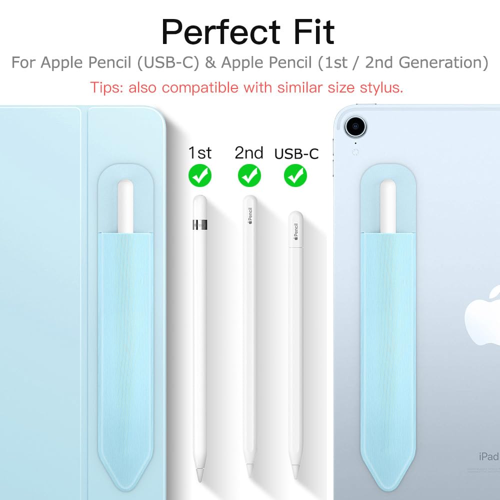 MoKo Pencil Holder Sticker Fit Apple Pencil Pro, Apple Pencil (USB C), Apple Pencil 1st/2nd Generation, Elastic Pencil Pocket Pouch Adhesive Sleeve Attached to iPad Case for Stylus Pens,Sky Blue