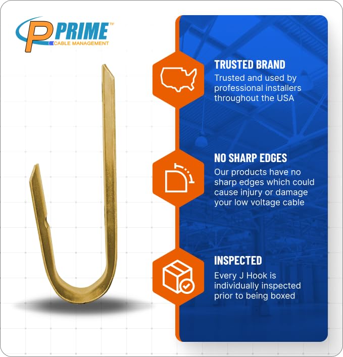 Prime Cable Management Heavy Duty Metal J-Hook Cable Hangers Wall Mount 3/4 Inch Gold